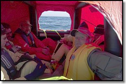 Preparing to test inside the life raft