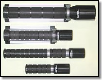 Sunbrite rechargeable tactical flashlights, Sun Flare (top) Sun Fire  (below) in smart chargers